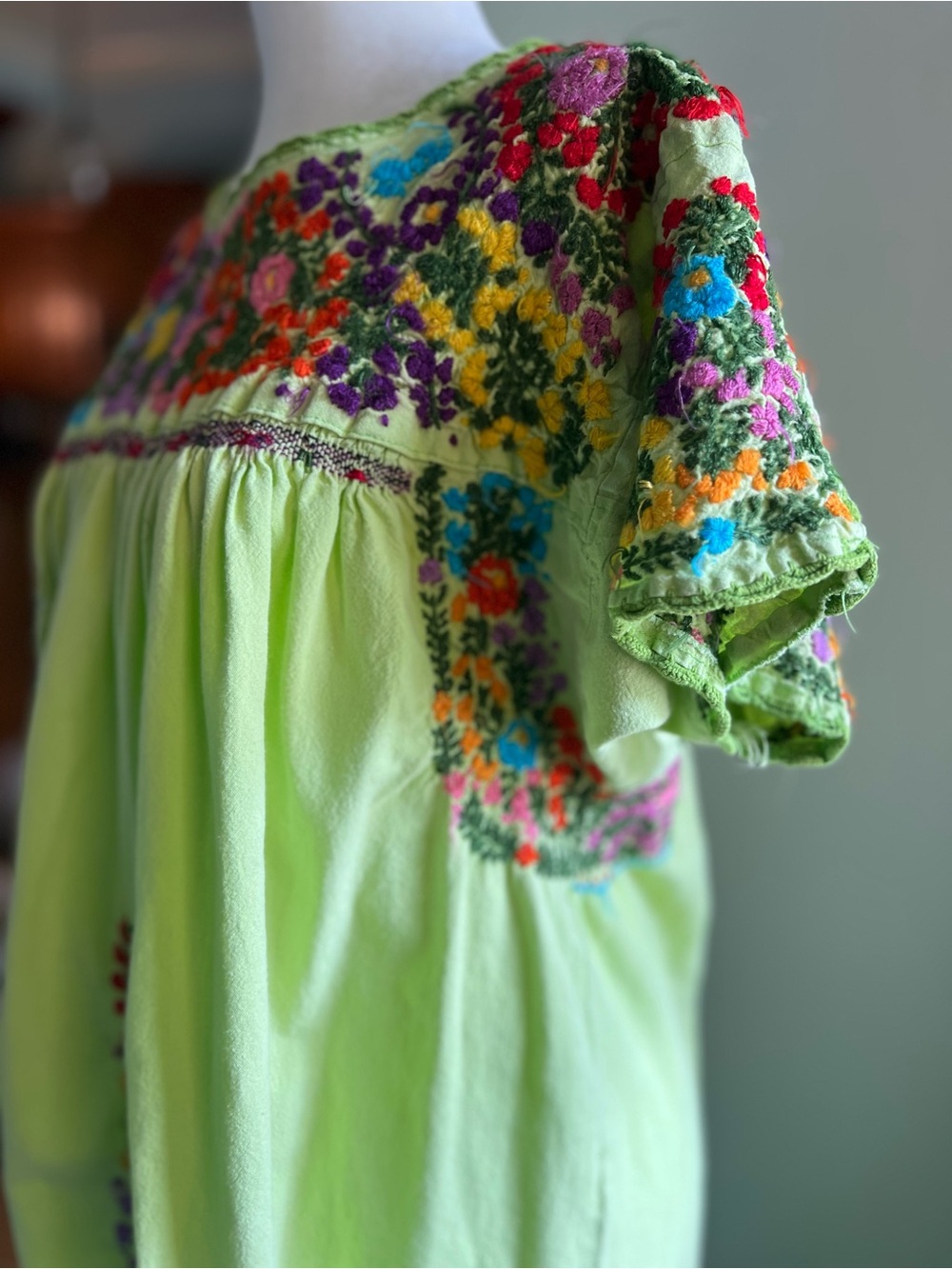 Hand-Embroidered Lime Green Midi Dress with Floral Yoke M Cottage Core Boho - Picture 7 of 11